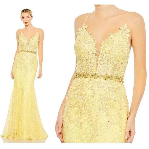 NWT $498‎ Mac Duggal 79341 Embellished Lace Appliqué Trumpet Gown 2 YELLOW - Picture 1 of 7